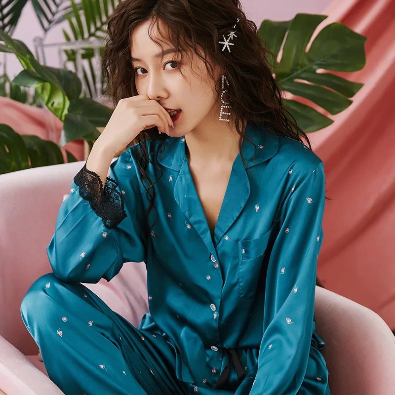 Пижама женская из натурального шелка роскошная шелковая с длинным рукавом брюки