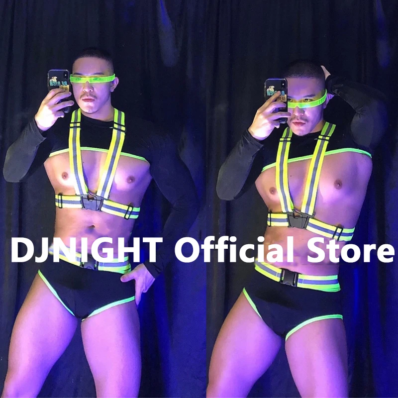 

Bar Ds Costumes New Nightclub Gogo Stage Sexy Muscle Men Fluorescent Green Costume Pole Rave Outfits Festival Clothing XS2133