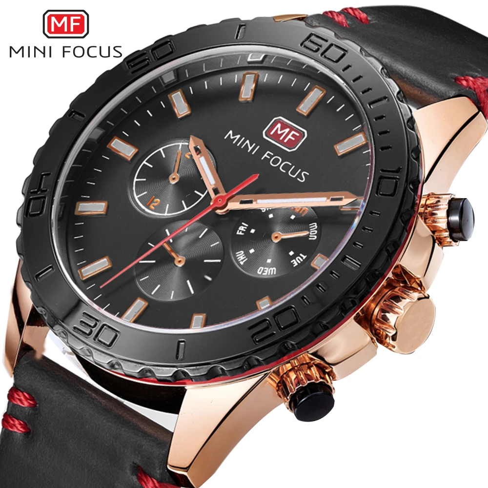 Мужские часы MINI FOCUS брендовые Роскошные Кварцевые с кожаным ремешком