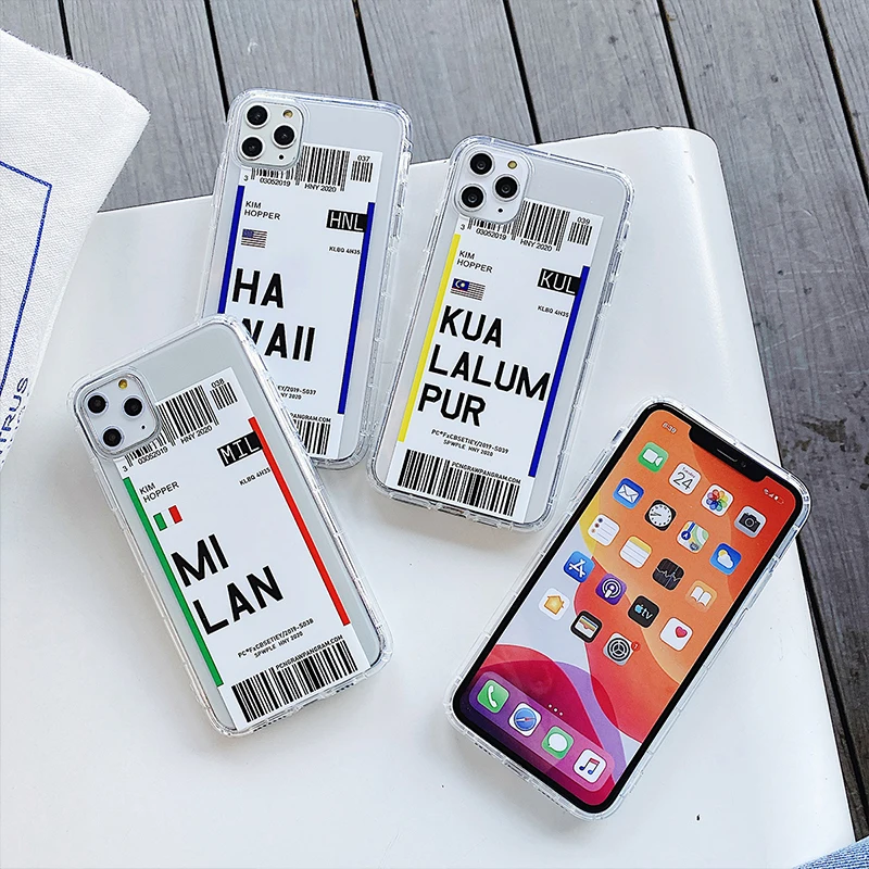 Cute travel ticket label Phone Case for iphone 12 11 Pro XS MAX 6 7 8 plus X XR Cases Flight Ticket Letter Clear Soft silicone 