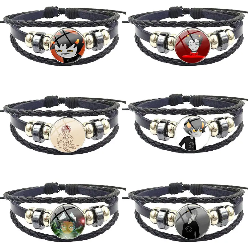 Homestuck Karkat Vantas для женщин, высокое качество, ювелирные изделия для девочек, Классический Стеклянный кабошон, черный кожаный браслет, модный б...