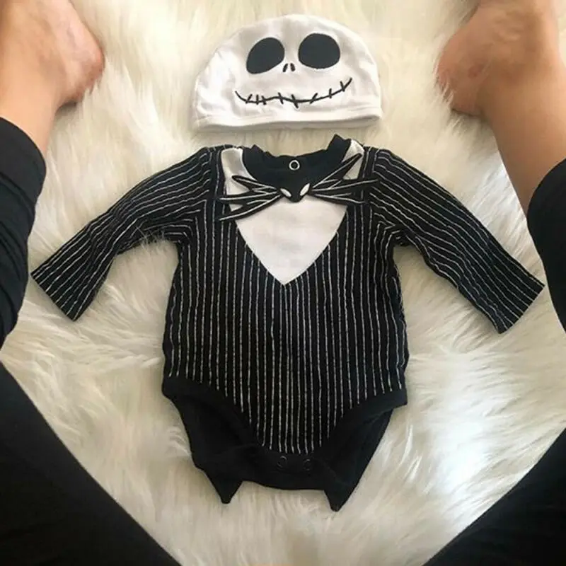 2Pcs Newborn Infant Kid Baby Boy Romper Halloween Bat Striped Long Sleeve Jumpsuit Playsuit Ghost Hat Clothes Costume 0-18M | Детская