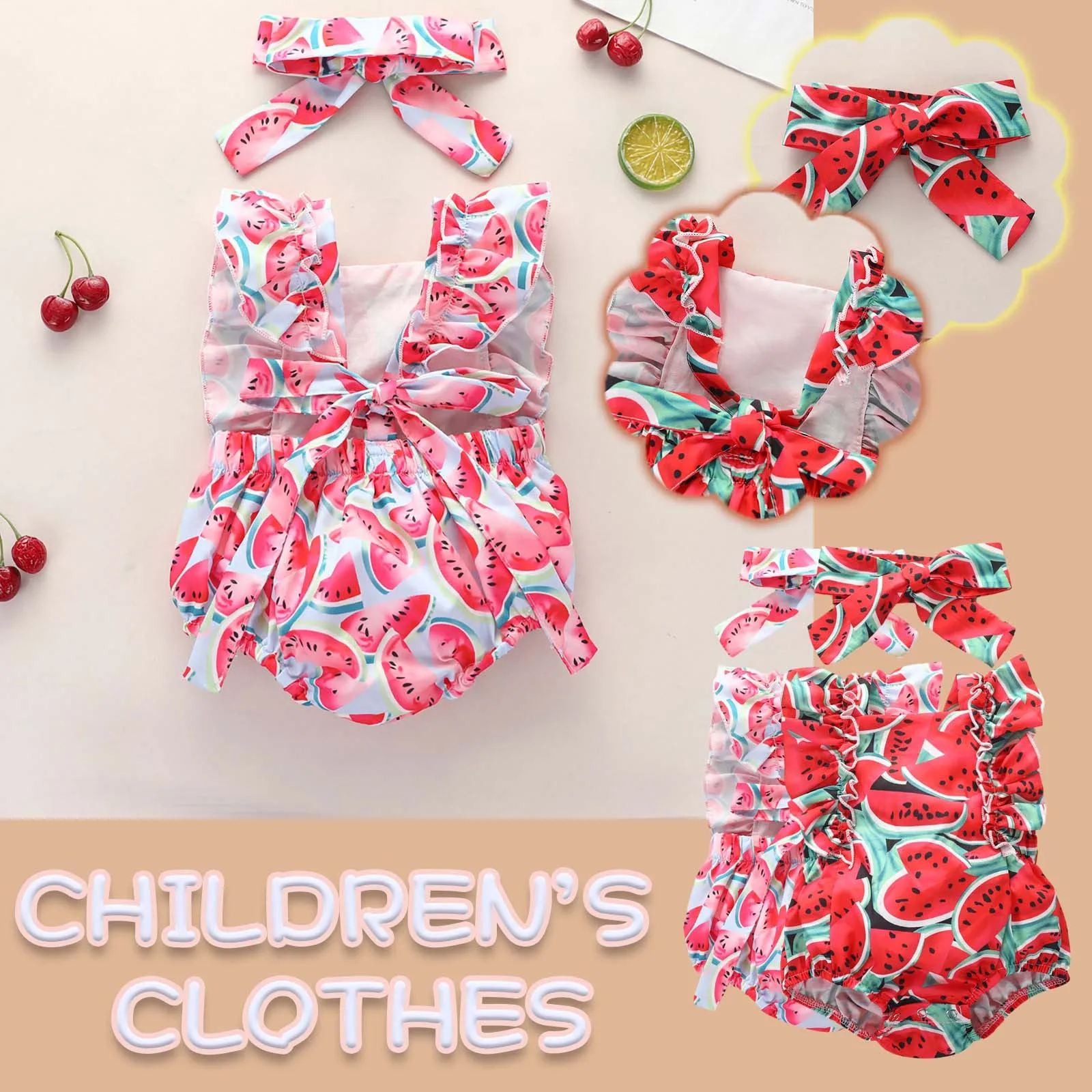 

Toddler Baby Girls Summer Cotton Bodysuit Baby Sleeveless Backless Watermelon Print Romper + Headband ropa niña vetement fille