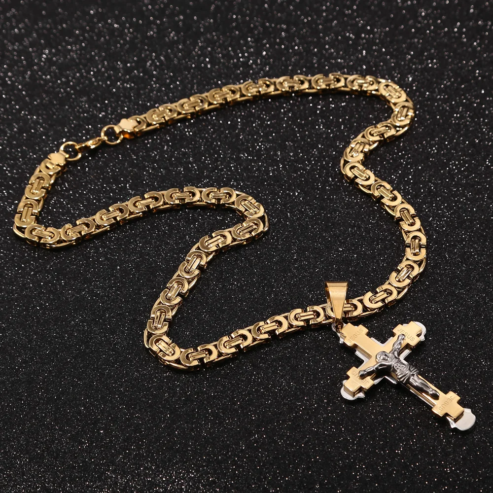 

Heavy Crucifix Jesus Cross Necklace Stainless Steel Christs Pendant Gold Byzantine Chain Men Necklaces Jewelry Gifts 24"