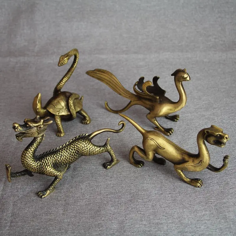 

Pure copper, four sides gods and beasts ornaments, (green dragon, white tiger, rosefinch, Xuanwu), Fengshui ornaments