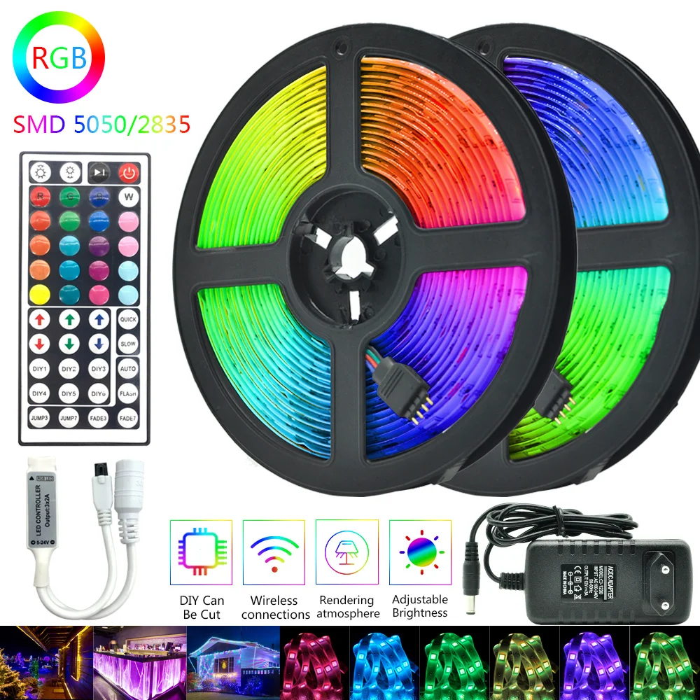 

LED Lights Strip RGB SMD 5050 2835 5m 10m 15m 20m Waterproof Flexible Ribbon Stripe DC 12V RGB Diode Tape IR Controller Adapter
