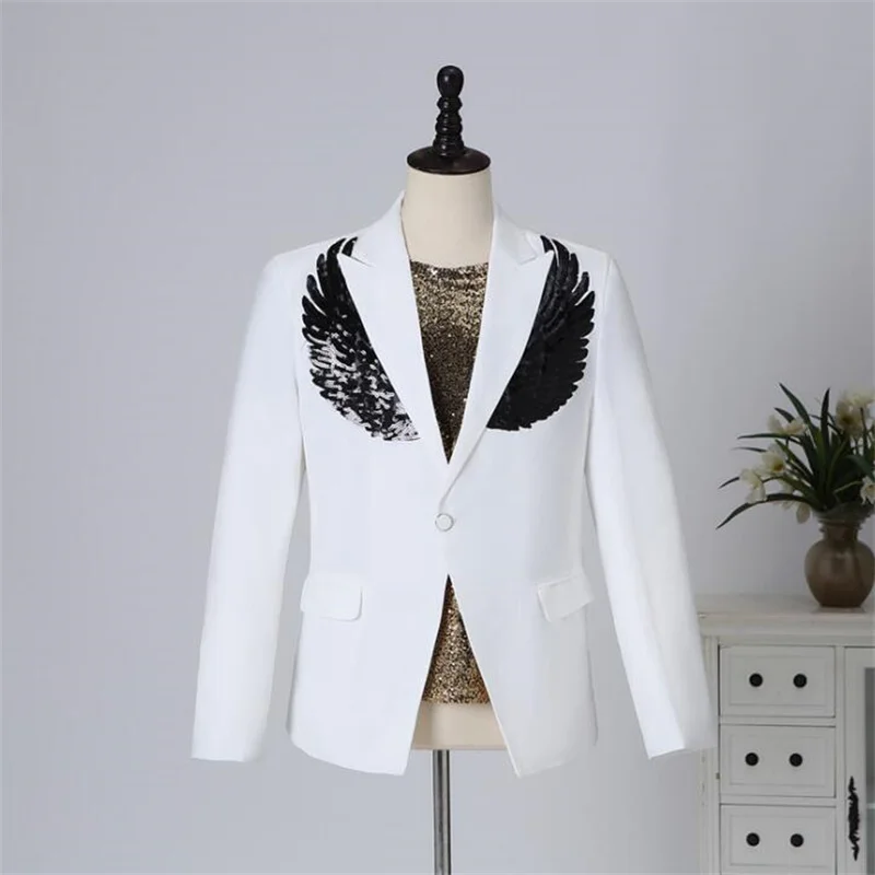 Sequins wing black blazer men groom suit jackets mens wedding suits costume singer star style stage clothing formal dress B232