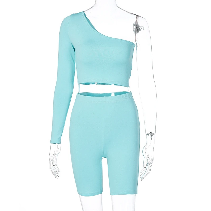 

Solid Asymmetrical 2 Piece Sets Women Tracksuit Crop Tops+Elastic Bike Shorts Sporty Matching Suits