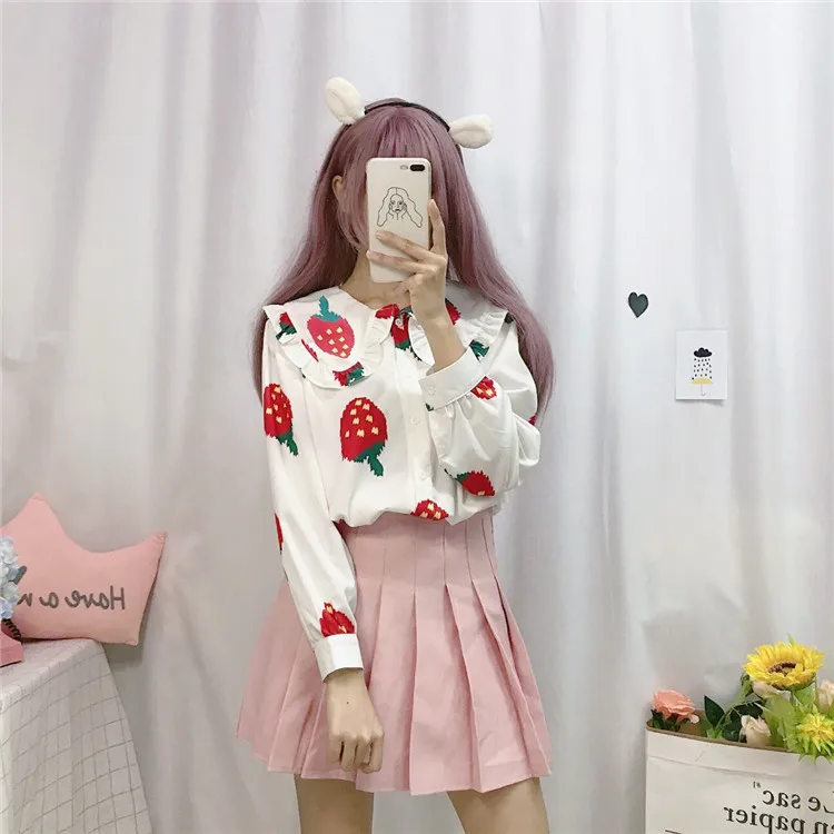 Милая женская блузка с клубничным принтом милая Свободная рубашка воротником