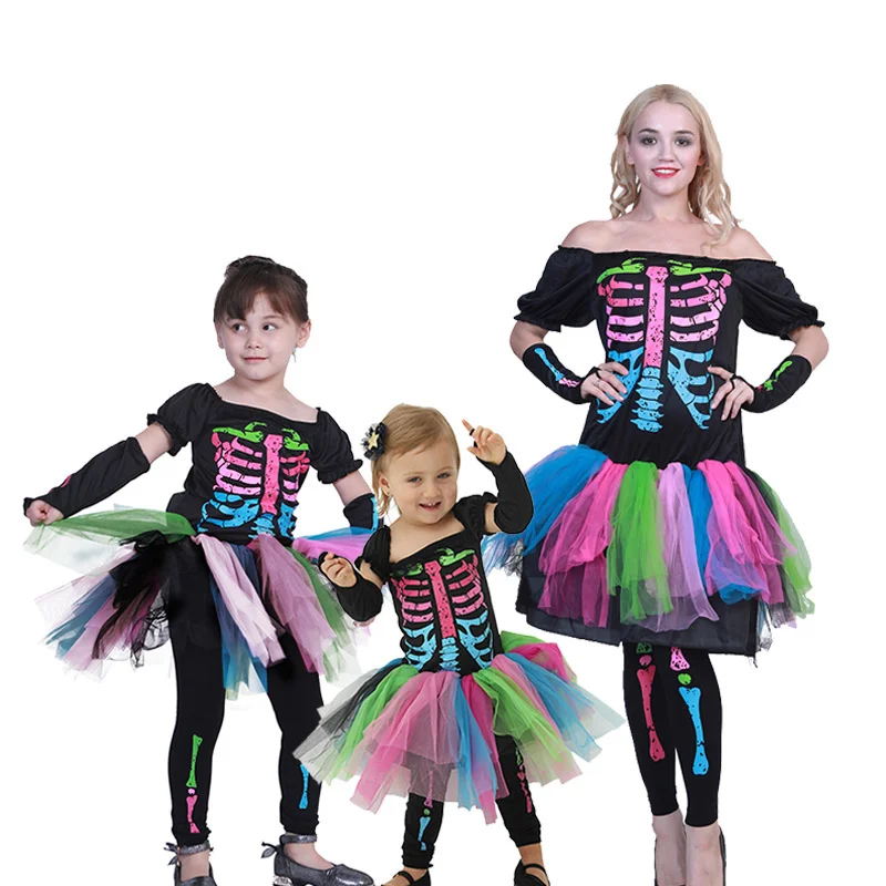 

New Halloween Christmas Stage performance Adult Kid Parent-child Ooutfit colourful skeleton skirt Punk girl cosplay daily wear
