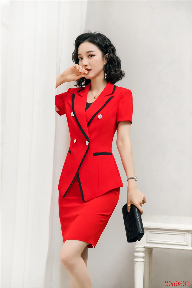 Летний модный женский красный Блейзер женские деловые костюмы с юбкой и курткой
