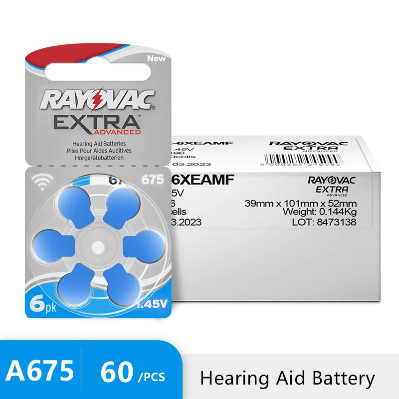 

60PCS RAYOVAC EXTRA Zinc Air Hearing Aid Batteries 1.45V 675A A675 675 PR44 Battery For Hearing Aids