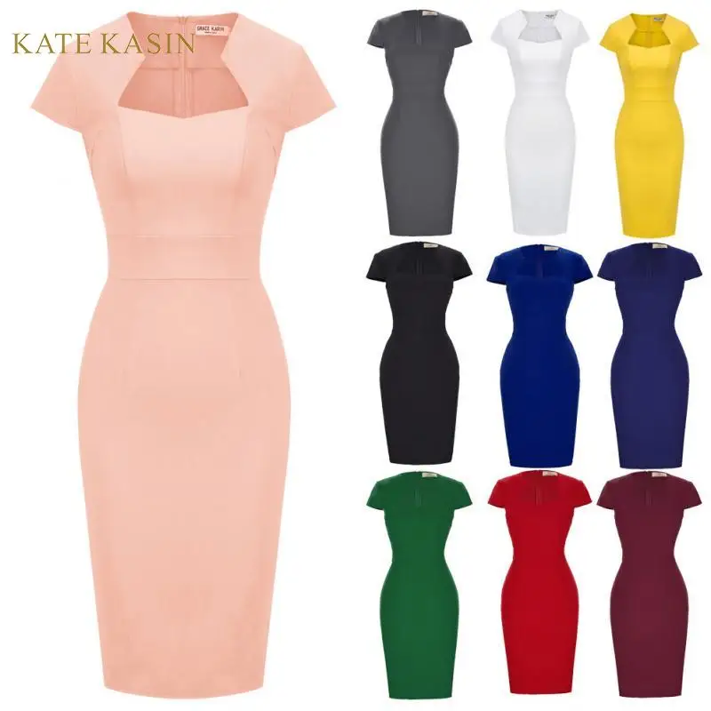 Женское винтажное платье карандаш Kate Kasin однотонное облегающее с рукавами