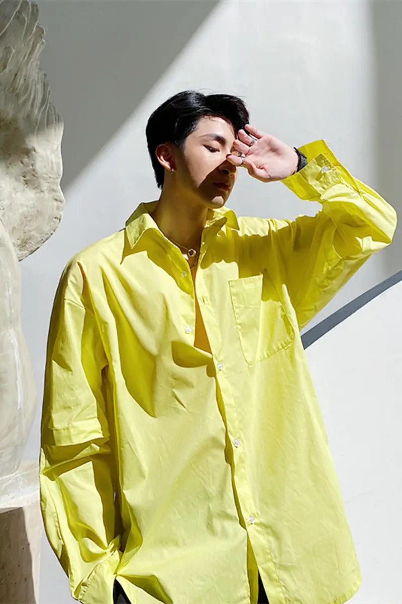 

2020Spring And Autumn New Youth Popular Loose Single-breasted Bright Color Long-sleeved Shirt Fashion Casual Shirt Yellow/Orange