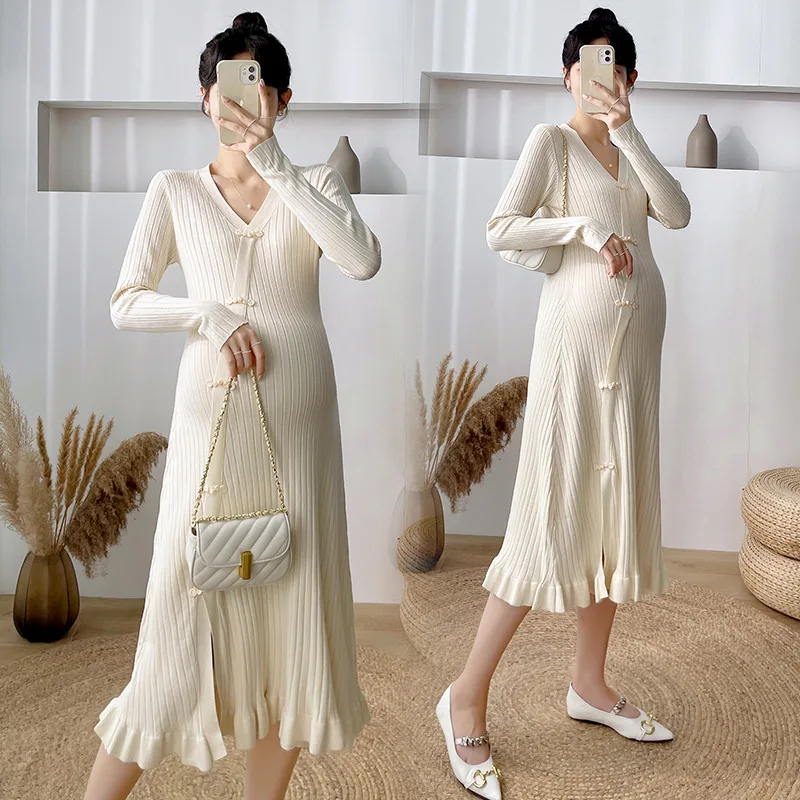 

Autumn Winter Pregnancy Dress Knitting Maternity Dresses V Collar Long Sleeve Maternity Gown Ruffle Edge Outwear Women Elegant