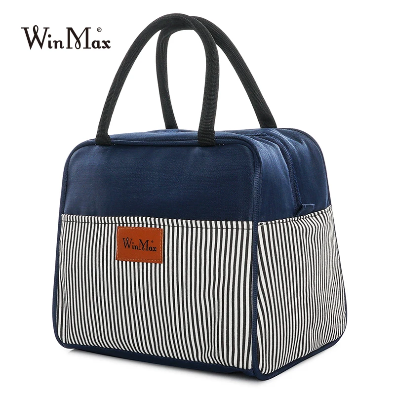 Winmax New 4 Color Large Capacity Striped Lunch Bags Thicken Insulated Thermal Food Picnic Bag Cooler Handbag Men Women LunchBag