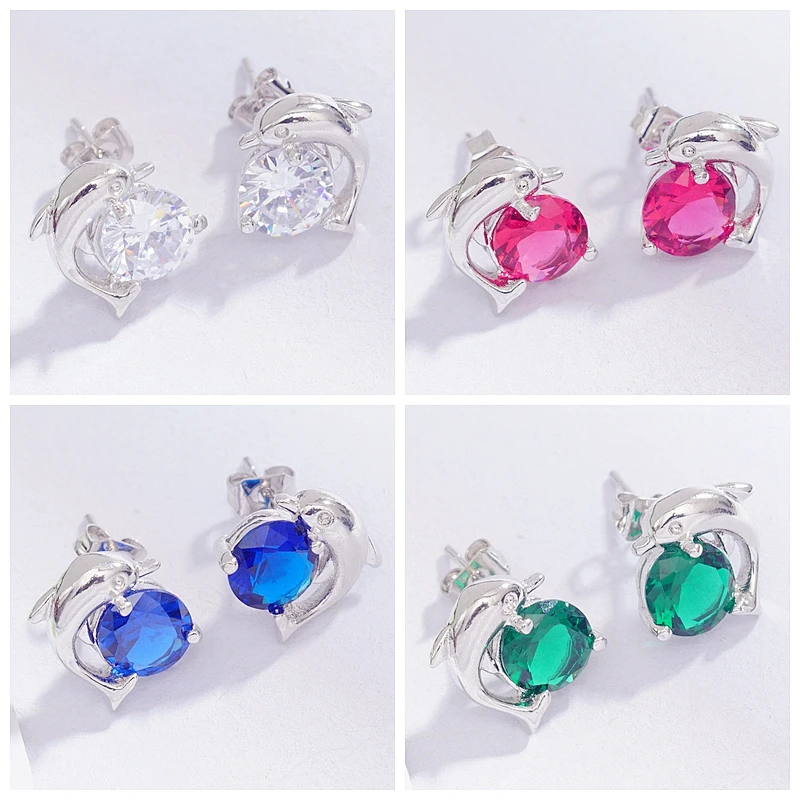 Дельфины животные серьги гвоздики для девочек из белого золота Цвет женская