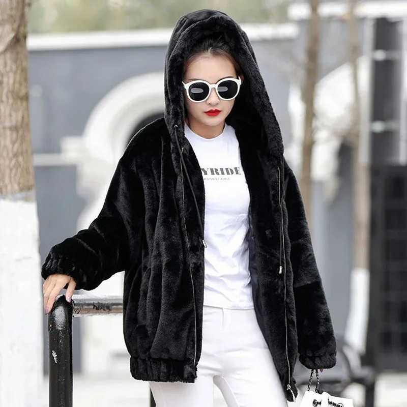 Parkas Women's Plus Size Short Fur Coats 2022 Winter Faux Fur Rabbit Hair Splicing Thickening Hooded Casual Warm Jackets Woman
