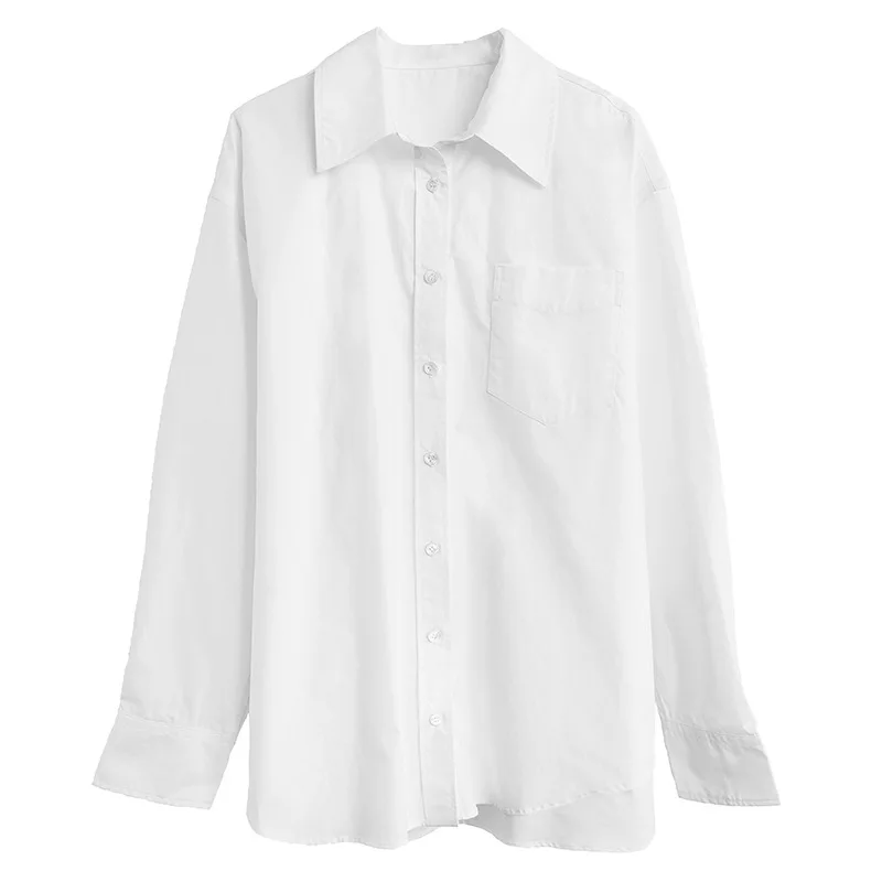 

Women's OL Blouse Cotton Long Sleeve Office Wear Single-breasted Shirt Femme White Blouses Top With Single Pocket