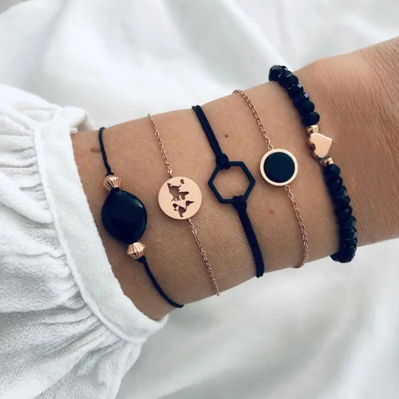 Набор женских многослойных браслетов ручной работы из черных бусин 5 шт. |