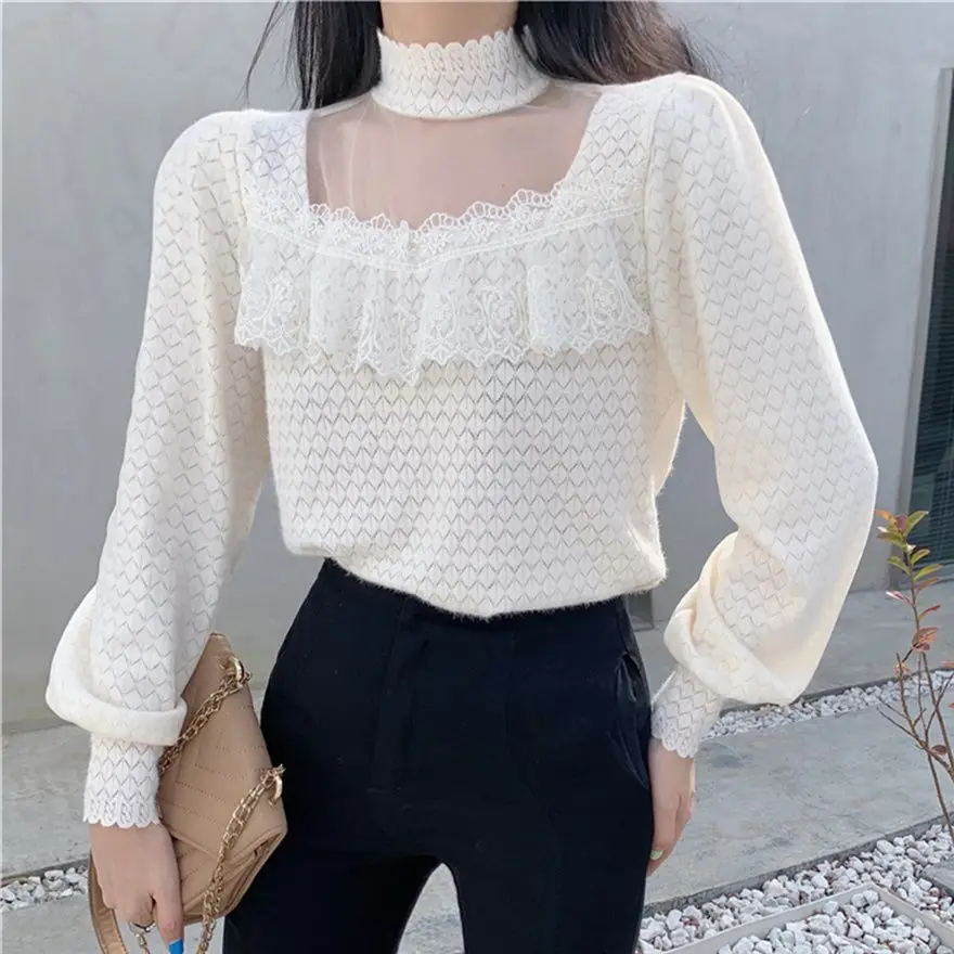 

HziriP Sexy Lace Bottomed Blouse Women's Mesh S-L Patchwork 2022 Casual Slim Office Lady Streetwear OL Top New Shirts