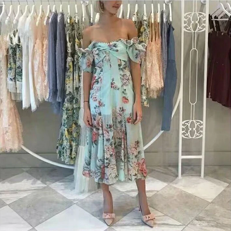 2019 модное синее розовое платье с цветочным рисунком шифоновое длинное без