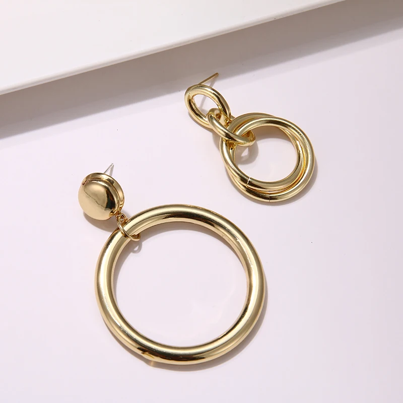 Yhpup Trendy Minimalist CCB Asymmetry Round Circle Gold Dangle Earrings Plated Gold Orecchini Statement Jewelry 925 Women Office