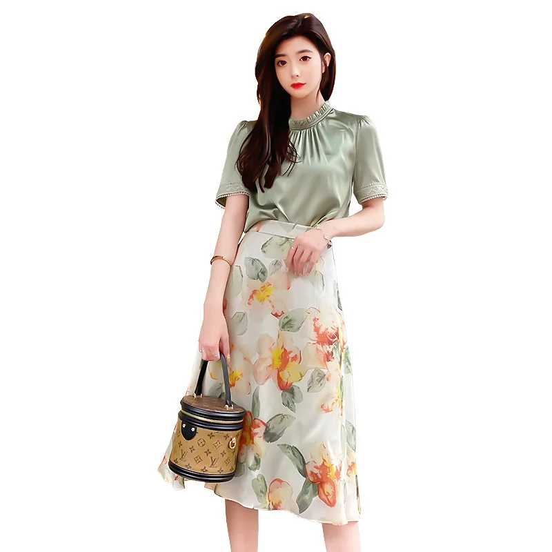 

Women skirts white orange green silk crepe flower versatile 2020 summer Vintage sexy Long beach Skirt A Line fashion Elegant