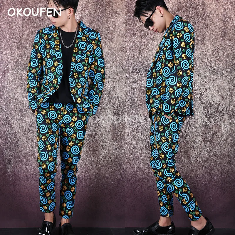 

Fashion New Men's Slim Print Suit tide nightclub bar male singer show party costumes men's hair stylist suit The hot set