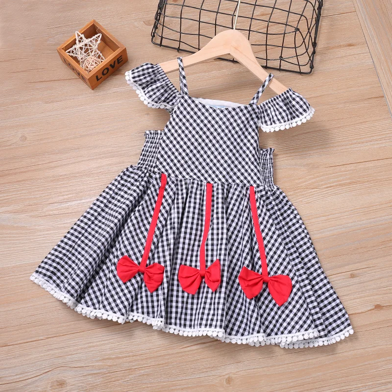 

Humor Bear Summer Girls Plaid Dress Bow Lace Sling Sleeve Student Dress Party Princess Baby Kids Clothing