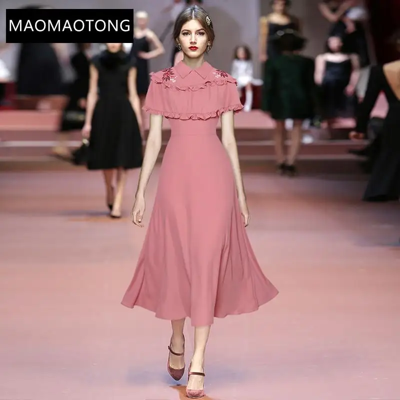 

Fashion Designer Dress Summer Women's Dress Turn-down Collar Embroidery Ruffle Elegant Pink Party Midi Dress