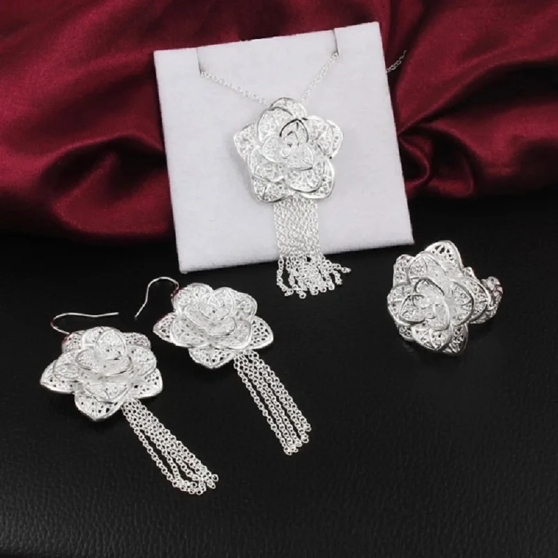 

925 Silver Wedding Retro Woman 45CM 18Inch Necklace Earring Open Ring Fashion Fine Jewelry Set Christmas Gift