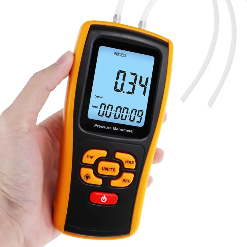 

Pressure Gauge Manometer Differential Tester Handheld Digital Air Pressure Data Hold Function with USB Port + Software