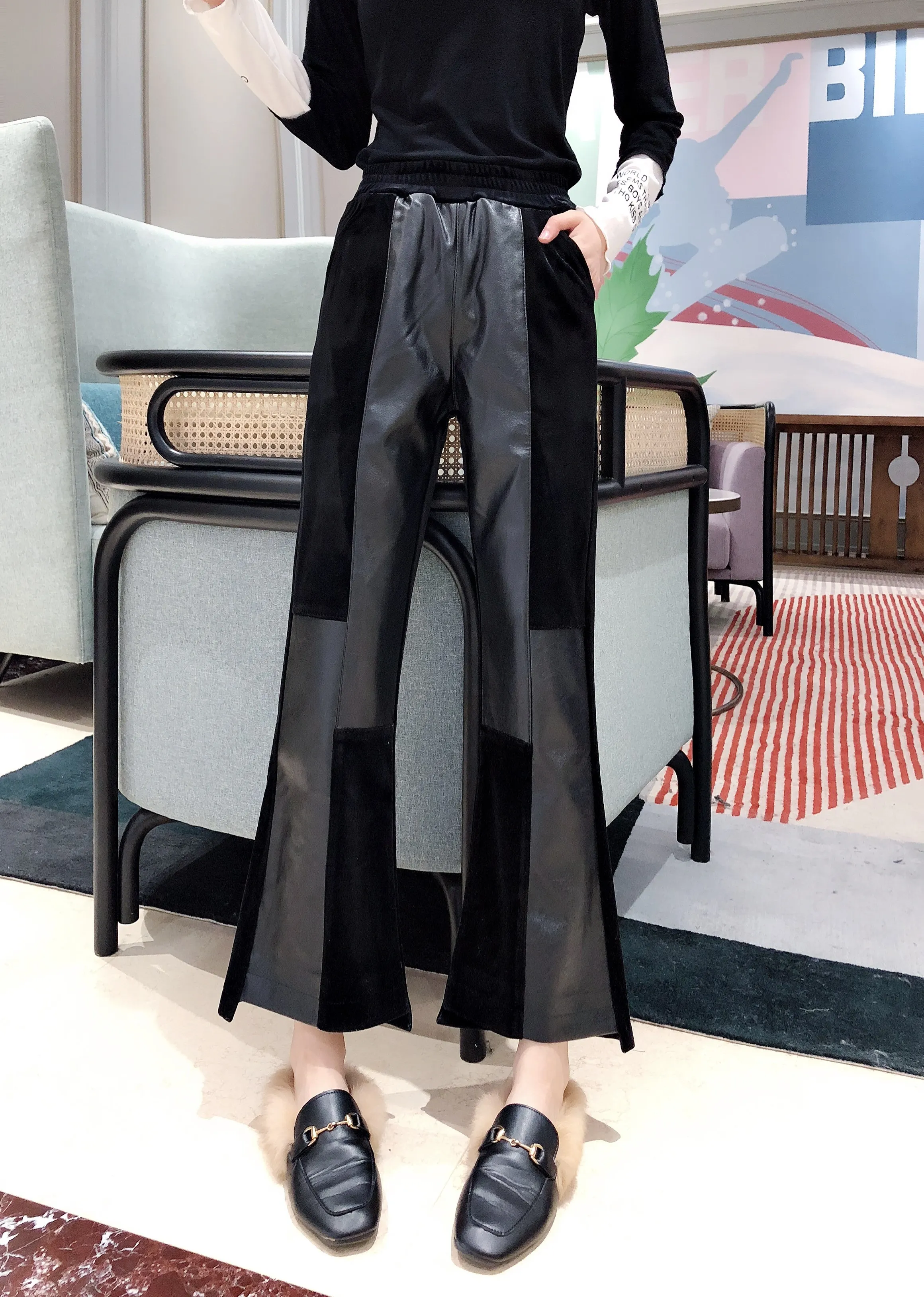 

Leather Pants Women's 2020 Autumn Winter High-waisted Gold Velvet Splice PU Leather Wide Leg Flared Trousers