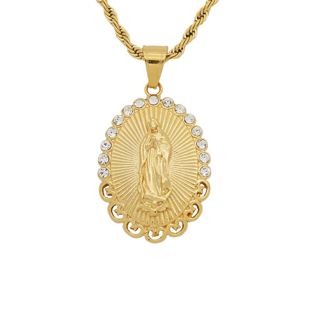 

Women's Hip Hop CZ Virgin Mary Pendant Necklace With Twist Rope Chain Stainless Steel Iced Out Bling Hiphop Jewelry
