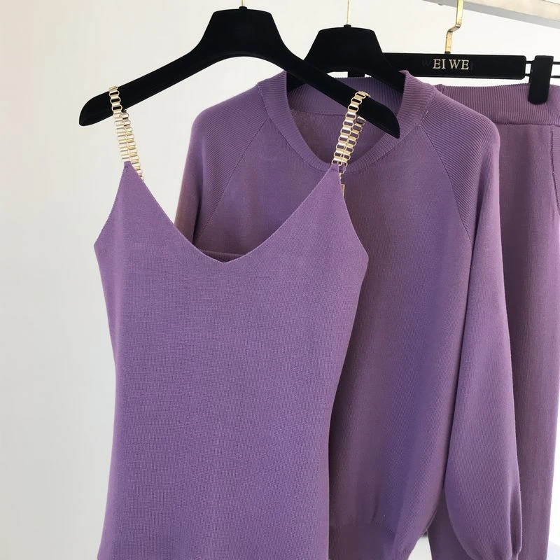 

2021 autumn Knitted sweater suit casual new product temperament chain vest knitted jacket + elastic pants three-piece sets