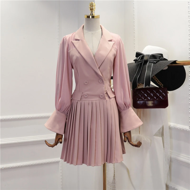 Женское офисное платье однотонное плиссированное с рукавом-фонариком | Женская