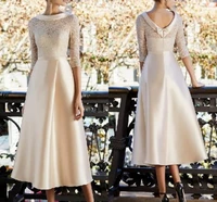 champagne evening dress 2022 jewel neck tea length lace satin half sleeve pageant prom gown vestidos robe de soiree