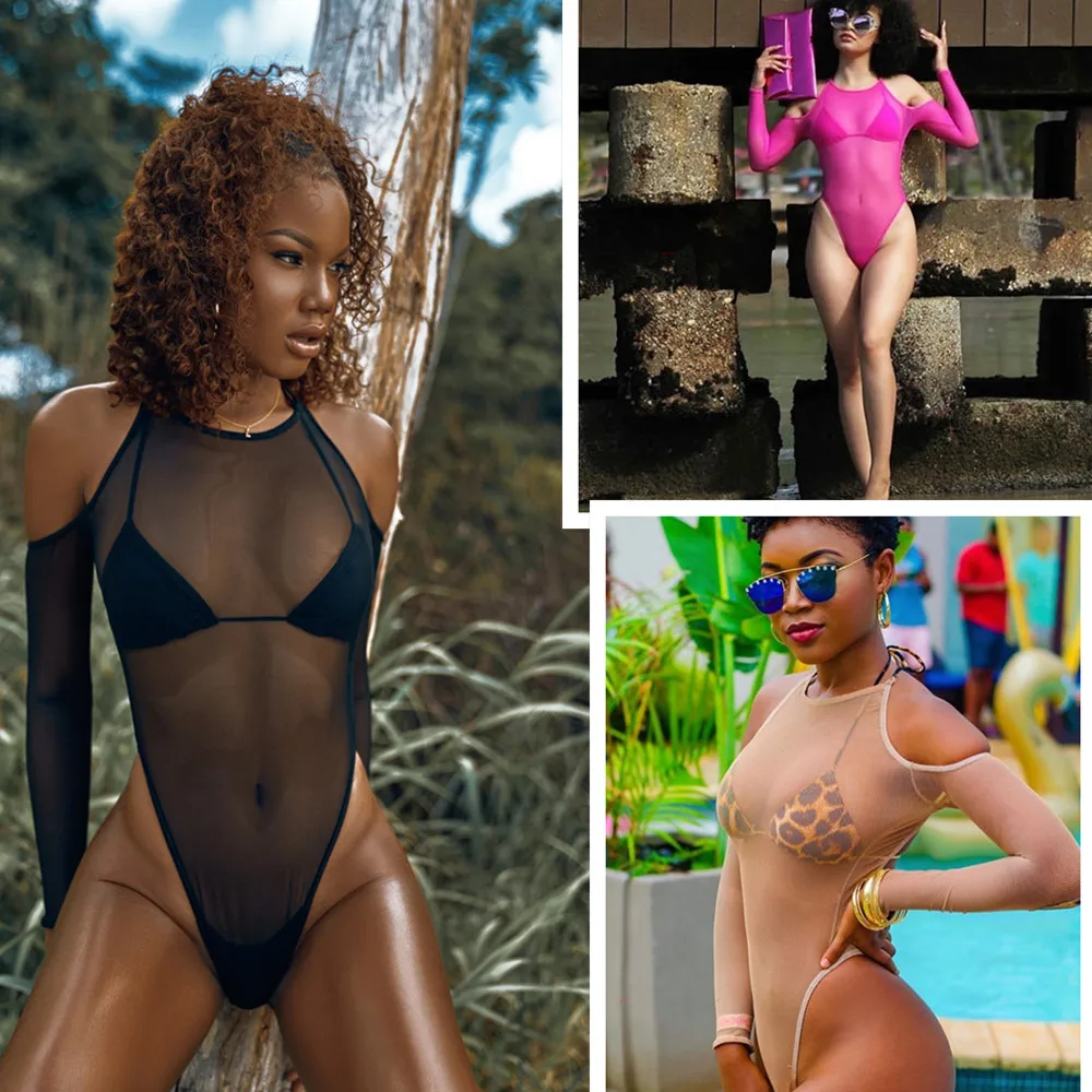 

2020 Solid Long Sleeve Bikini Mesh Sexy Micro Bikini Swimwear Women Thong Bikini Lace Up Swimsuit Bathing Suit Women Beach Wear