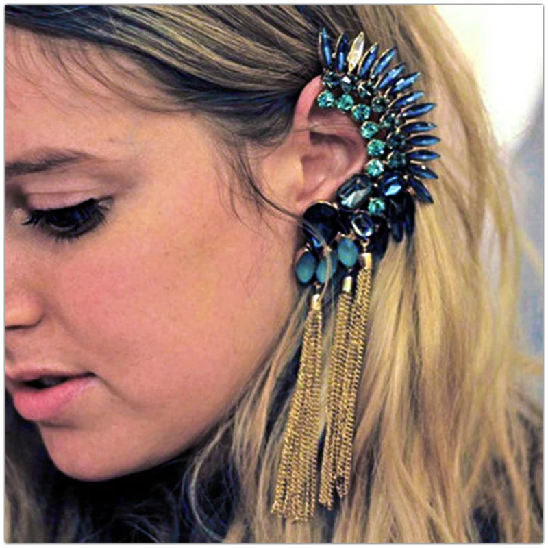 SHEEGIOR, бохо, длинные серьги-манжеты с кисточками, Bijoux Femme, золотые цепочки, стразы, большие клипсы, серьги для женщин, модное ювелирное изделие, подарок