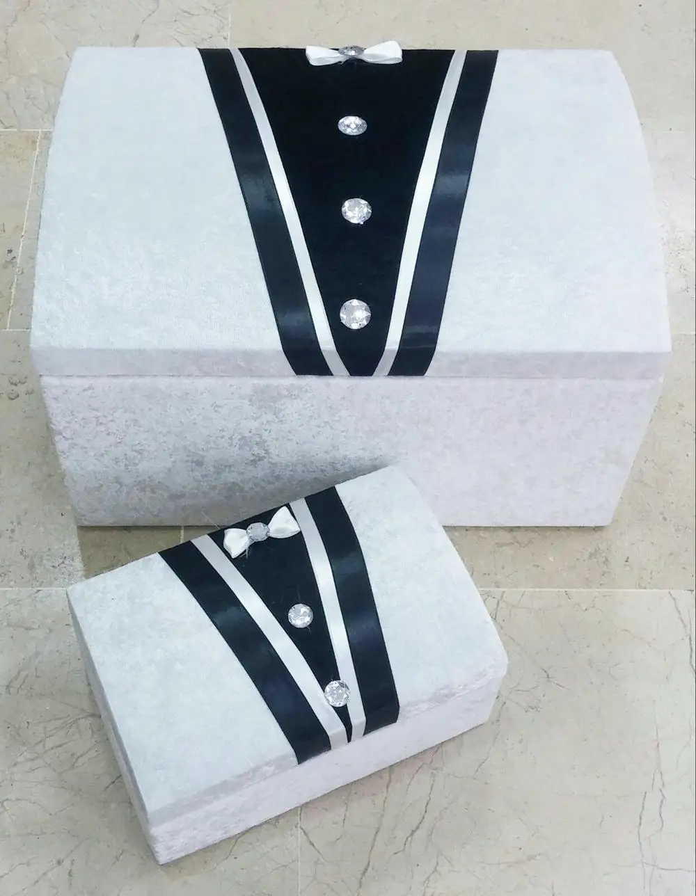 

New Season Special Production Velvet Fabric Groom Figured 2-Piece Dowry Box Set - 4 Different Color Options