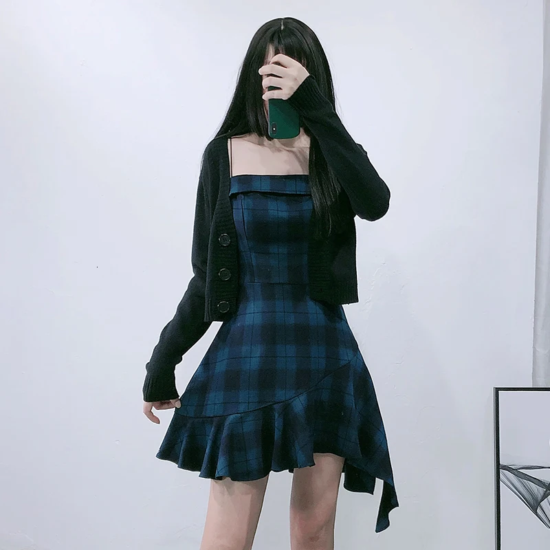 Асимметричное клетчатое платье без бретелек с высокой талией плотное осеннее