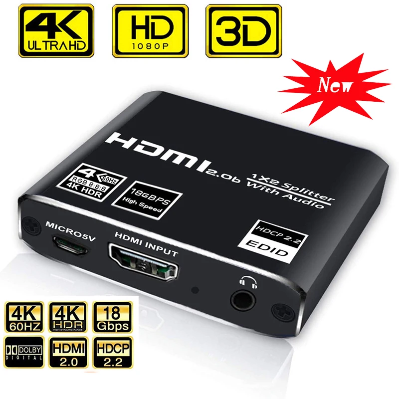 

HDMI splitter 1x2, with audio extractor, 1 in 2 out audio and video splitter box, HDMI 2.0b, HDCP 2.2, HDR, support 4K @ 60Hz 3D
