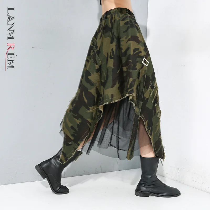 

LANMREM 2022 весна осень Женская Лоскутная газовая джинсовая сетчатая юбка асимметричная Высокая талия женская уличная мода юбки YH91706