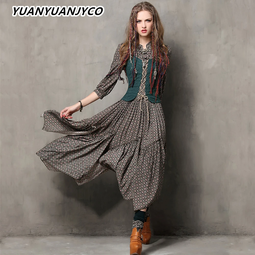 

YUANYUANJYCO Spring Autumn Women Ankle-Length Indie Folk Cotton Dress LYQ10 Vintage Asymmetric Stand Collar Floral Long Clothes