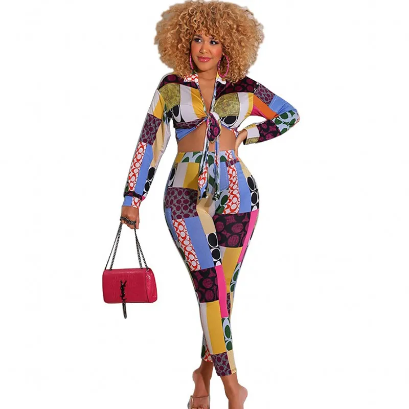 

Костюмы со штанами, комплект из двух предметов, Женская бандажная рубашка, укороченный топ и брюки-карандаш, наряды, 2021, геометрический прин...