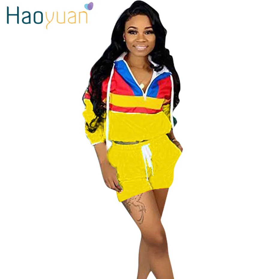 yellow HAOYUAN размера плюс, комплект из двух предметов, спортивный костюм, женский осенний топ с капюшоном и байкерские шорты, спортивный костюм, сексуальный комплект из 2 предметов, одинаковые комплекты одежды - Цвет: yellow