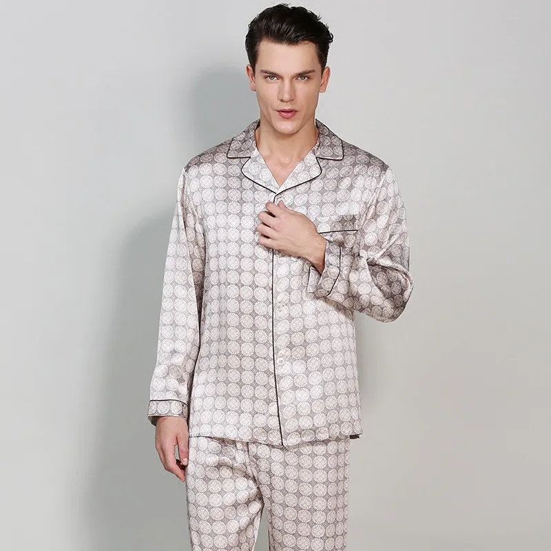 Classic 100% Mulberry Silk Men Pajama Sets Print Noble Notch Collar Full Sleeves Top Full-Length Pant with Elastic Waist sp0181