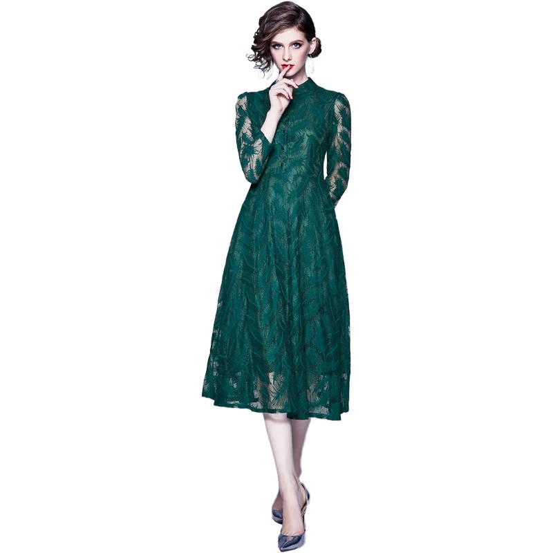 

Simgent Lace Dress Women Fashion Stand Collar Long Sleeve Feather Hollow Out Elegant Vintage Midi Dress Vestidos SG004093