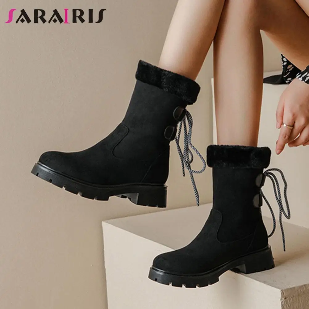 

SaraIris Female Boots Flock Comfy Warm Plush Flock Square Heel Round Slip-On Solid Med Heel Ankle Boots Winter Lace Up Platform
